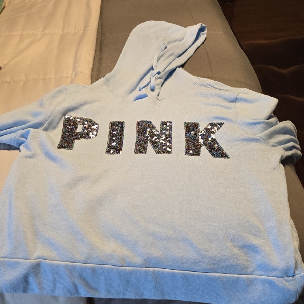PINK Victoria's Secret Light Blue Hoodie with Sequin Detail
